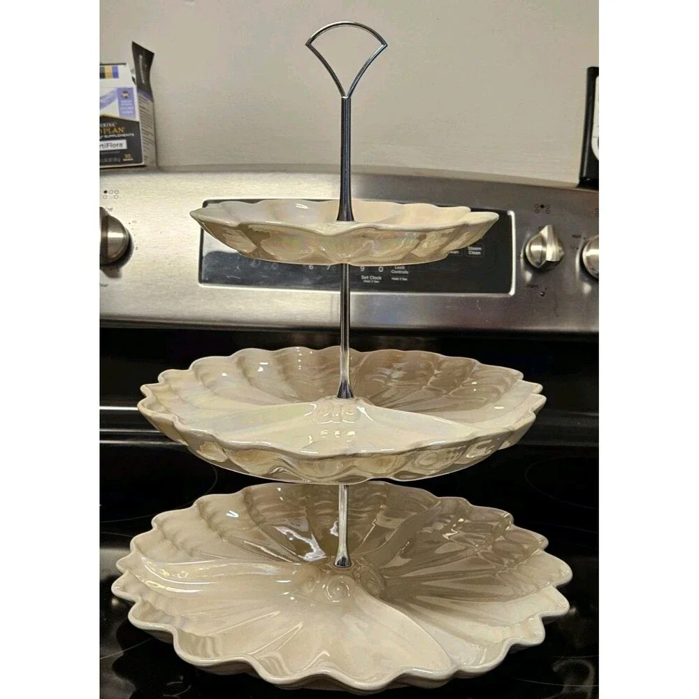 Vintage Maddux Of California Opalescent Cream & Silver 3 Tier Serving Tray READ